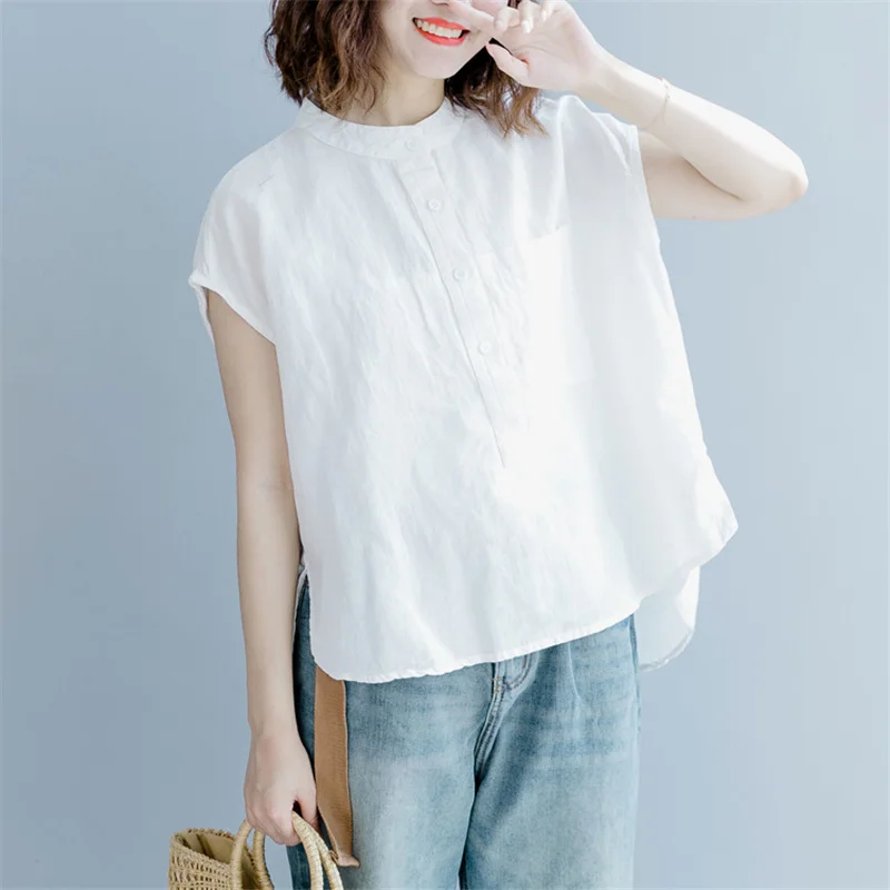 

Johnature Women Stand Shirts And Blouses 2019 Summer New Solid Color Cotton Linen Casual Tops Button Chinese Style Women Shirts