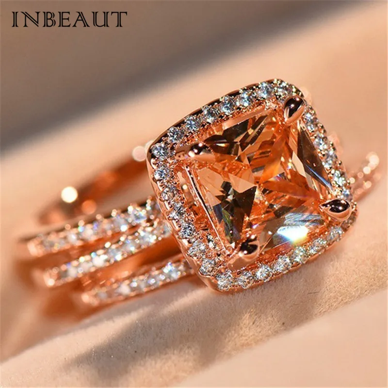 

INBEAUT Women Classic Wedding Rings Set Rose Gold Square Yellow Stone 3 PCS Ring Set Princess Cut Zircon Jewelry Teen Girls