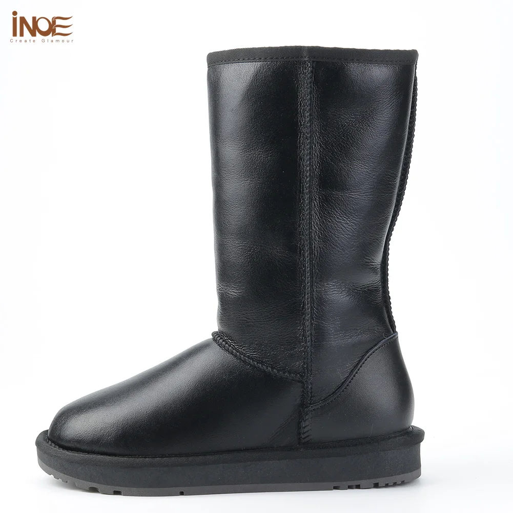 Najtaniej INOE klasyczne damskie wodoodporne kolana wysokie kożuchy skórzane buty zimowe Shearling wełniane futrzane buty śnieżne buty trzymające ciepło czarne