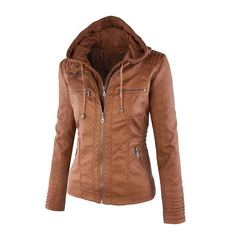 Размера плюс 6XL бежевого цвета из искусственной кожи Толстовка пальто на молнии с отложным воротником, со съемным воротником, с длинным рукавом и капюшоном, пальто женский P005 - Цвет: Brown