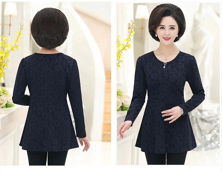 Spring New Middle-Aged Women Tops& Tees O-Neck Fashion Print Thickening Long T Shirt Women T363