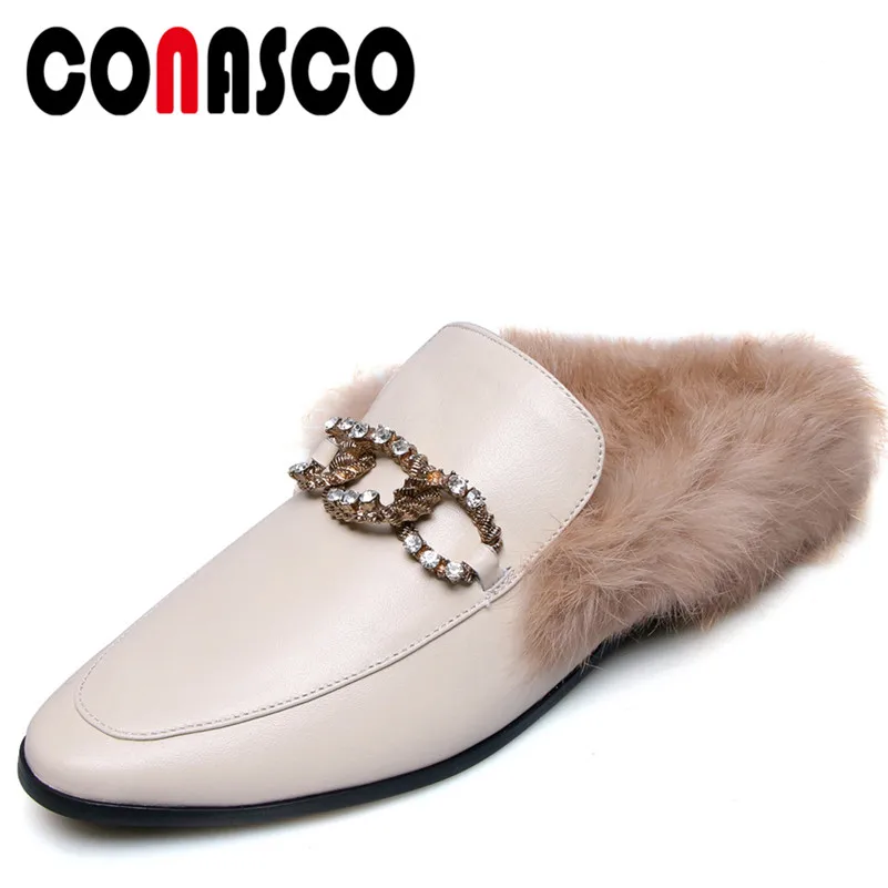 

CONASCO Fashion Women Basic Pumps Genuine Leather Square Heels Shoes Rhinestone Buckle Decoration Rabbit Fur Brand Shoes Woman