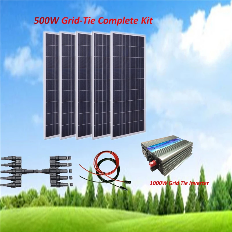 

500W Solar Panel Kit : 5 x 100W Poly Solar Panel Grid-Tie Solar System with 1000W Inverter+ 5M Cable+MC4 Connector Home
