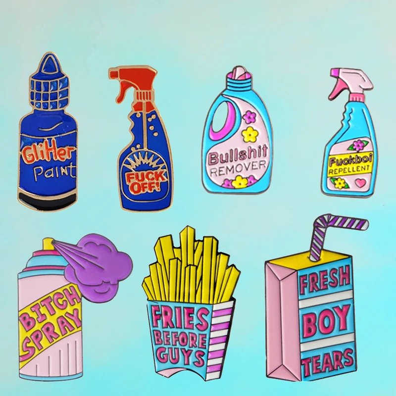 

Repellent Button fries Enamel Pins Brooches Detergent Boxed drink pink Pin Big bottle spray for women Badge Jackets Jewelry gift