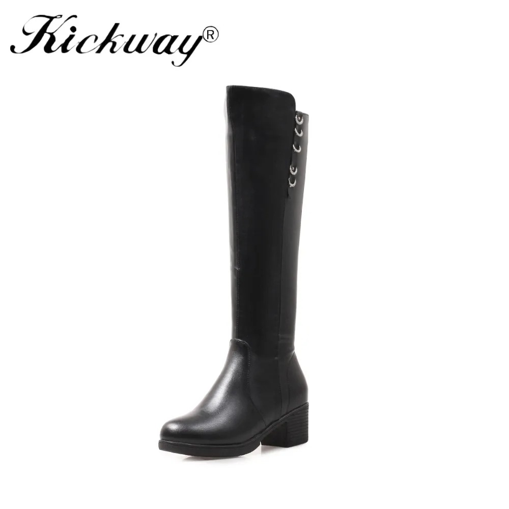 

Kickway Winter Knee High Boots Womens Fashion Boots Med Heels Side Zipper Female Shoes Black Martin Boots Botas Large Size 34-40