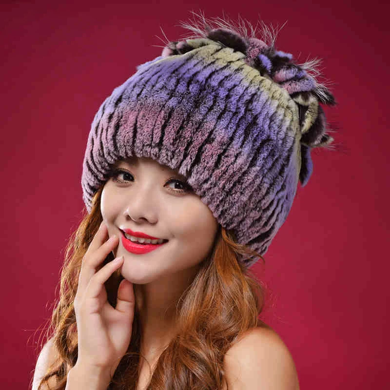 

Women Real Rex Rabbit Fur Hat Winter Rex Rabbit Fur Caps Knitted Fur Beanies For Women Russian Fur Hats DL6172