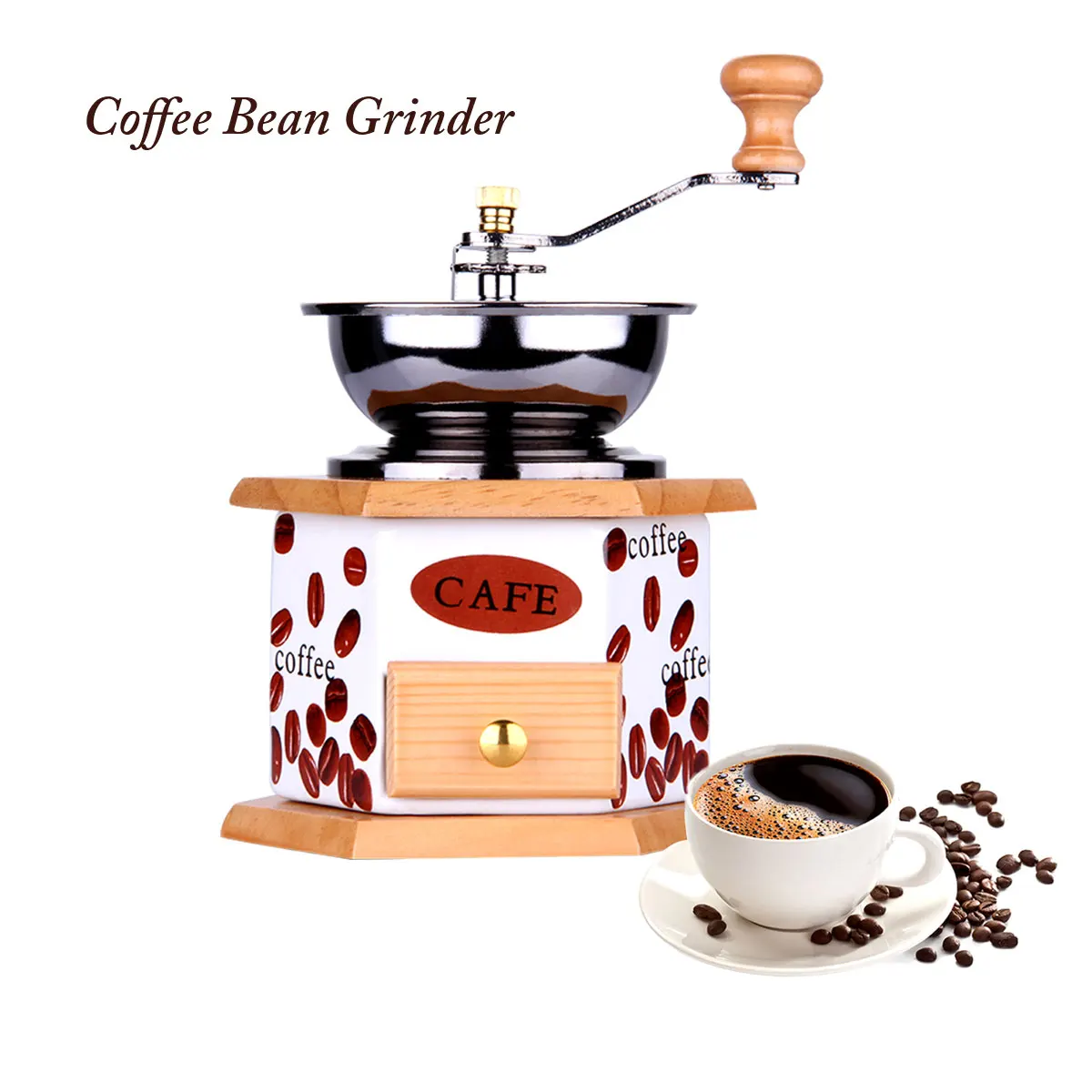 Mini Manual Coffee Mill Wood Body Antique Hand Crank Coffee Bean