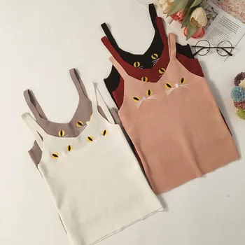 

HELIAR 2019 Summer Women Tank Tops Knitting Cat Embroidered Sexy Beach Spaghetti Crop Top Female Bare Midriff Solid Top Feminino