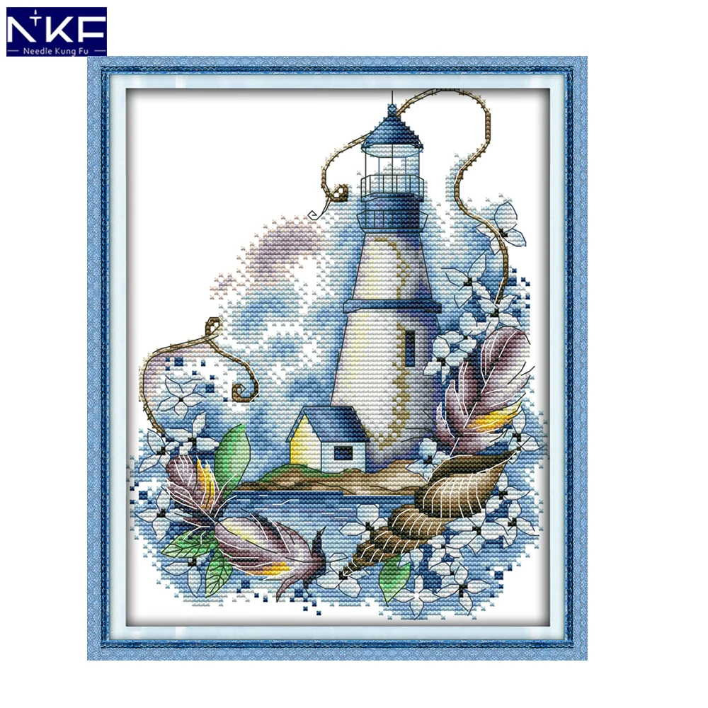 

NKF Blue Lighthouse Stamped Cross Stitch DIY Kits Needlework Embroidery Set Chinese Cross Stitch for Home Decor