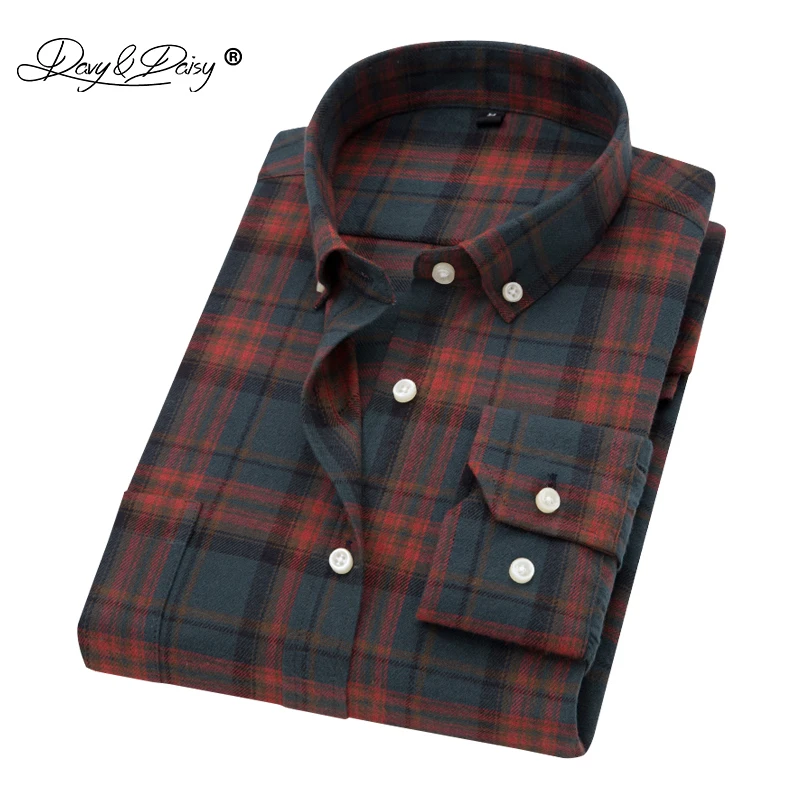 Meilleur DAVYDAISY Haute Qualité Flanelle Impression Hommes Chemise Tournent Vers Le Bas À Manches Longues Classique Plaid Occasionnel Mâle Chemise DS147