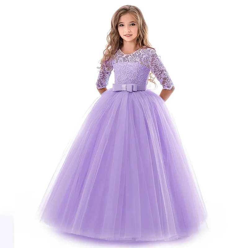 Элегантное кружевное платье принцессы; Детские платья с цветочной вышивкой для девочек; винтажные Детские платья для рождественской вечеринки; красное бальное платье - Цвет: Dress 1 Purple