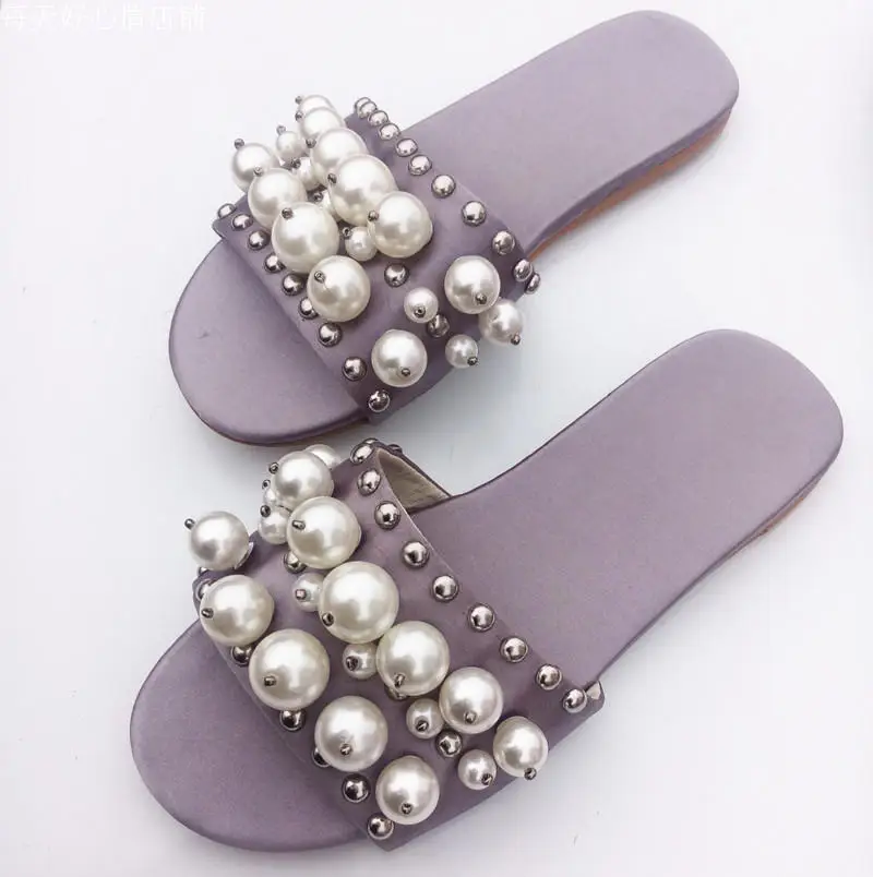 

Summer Slippers Shoes Woman Silk Flats Pearls Casual Lazy Flats Designer Woman Runway Slippers Lazy Outside Slides Woman Shoes