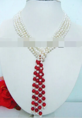 

FREE SHIPPING>>>@@ > N2483 45" Natural White FW Pearl,7mm Red Coral Necklace