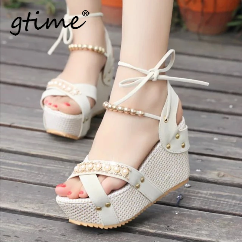 

Gtime Dropshipping Women High Heel Sandals Summer Rhinestone Beaded Wedges With Muffin Thick Platform Open Toe Shoes SCYR001