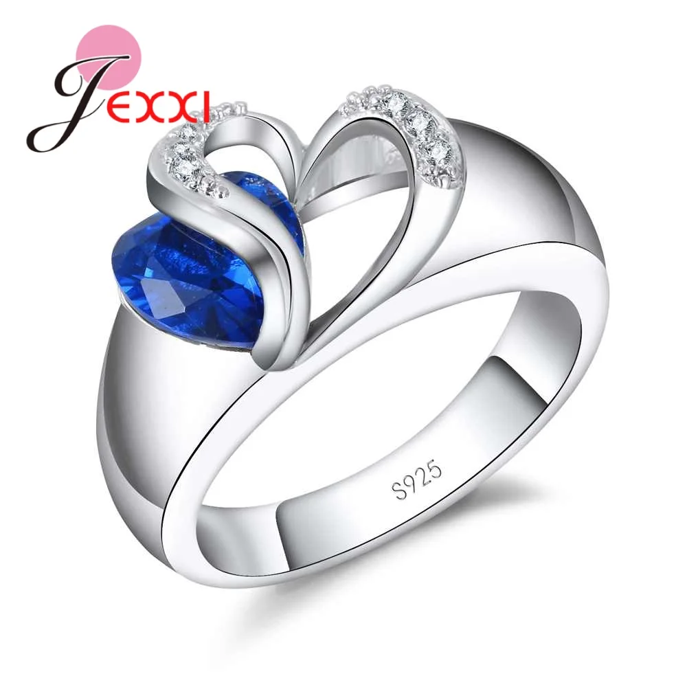 Crystal 925 Sterling Silver Heart Shape Blue Cubic Zirconia Rings Women Jewelry For Party Engagement Valentine's Day | Украшения и