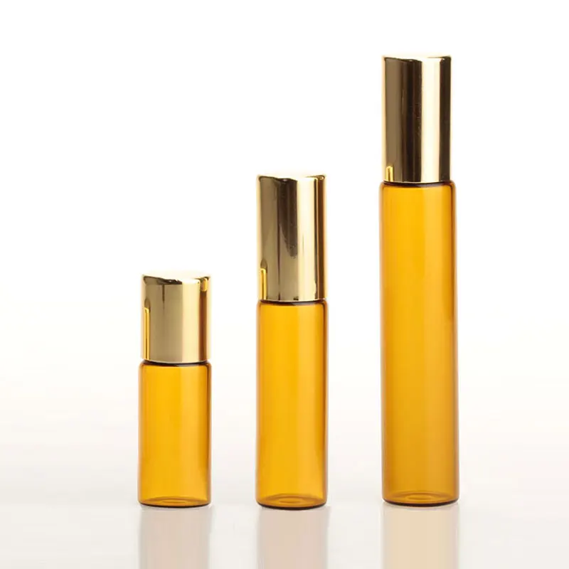 

3ml 5ml 10m X 50 Amber Roll On Glass Bottle Gold Aluminum Cap , Sample Essential Oil Glass Vial , Perfume Container With Roller