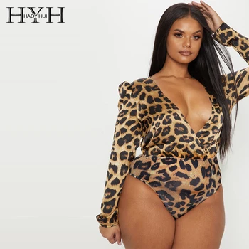 

HYH Haoyihui New Arrival Autumn Sexy Deep V-neck Wild Leopard Print Long Sleeve Shirt One-piece Briefs Large Size Jumpsuit