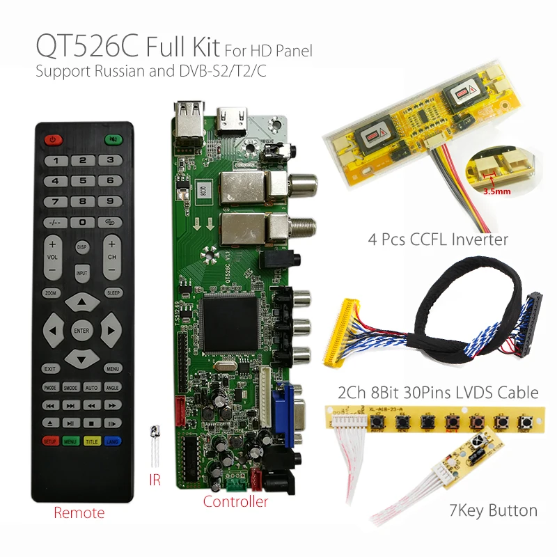 QT526C V1.1 цифровой сигнал DVB-S2/T2/C ЖК ATV драйвер платы Dual USB русский T. S512.69+ 7Key+ 2ch 8bit lvds кабель+ CCFL инвертор