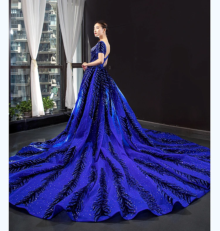 2 Piece Royal Blue Dubai Saudi Arabia Luxury Sequined Sparkle Mermaid Evening Dresses Short Sleeve Beading Evening Gowns Kaftan