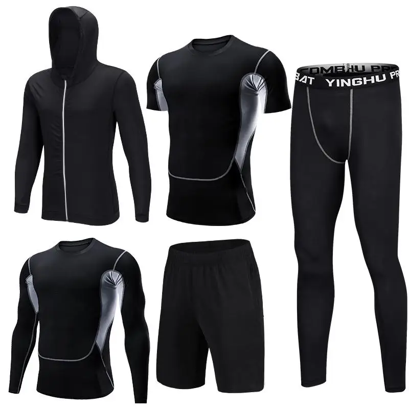 5pcs TQ black set Мужские Компрессионные спортивные костюмы, трико для спортзала, тренировочная одежда, комплект для тренировок, бега, спортивный костюм для бега, сухая посадка размера плюс - Цвет: 5pcs TQ black set
