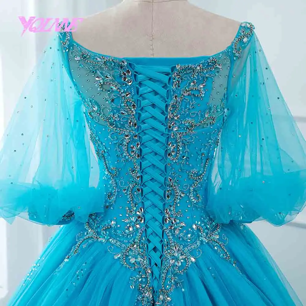 YQLNNE синий бальный наряд бальные платья Quinceanera кристаллами vestidos de 15 сладкий 16 платье; женская обувь на шнуровке с свободная Пышная юбка
