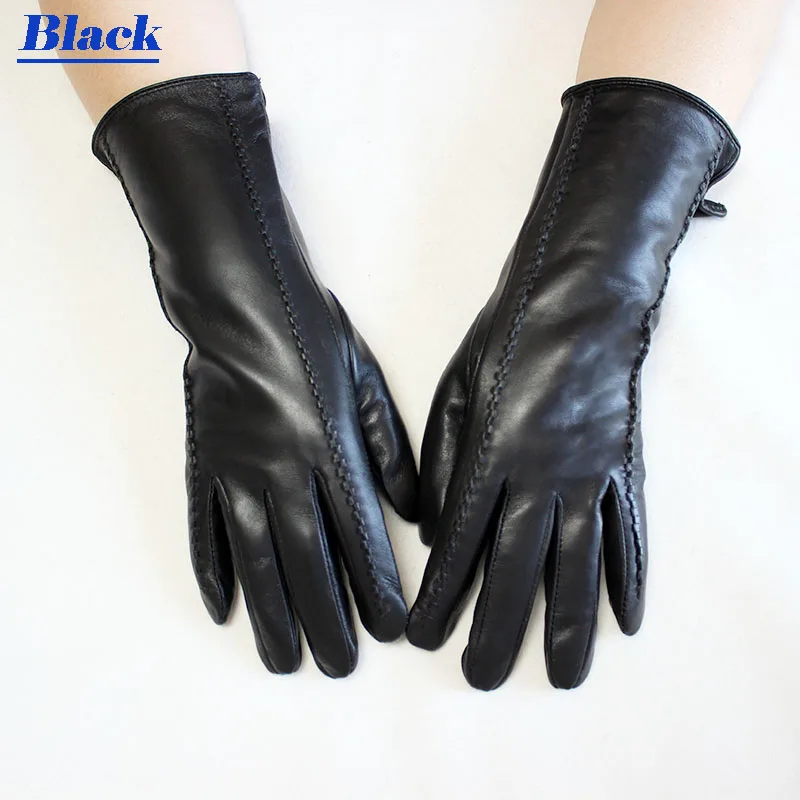 Leather gloves women's sheepskin gloves long stripe style plus velvet warm autumn and winter windproof gloves free shipping - Цвет: Черный