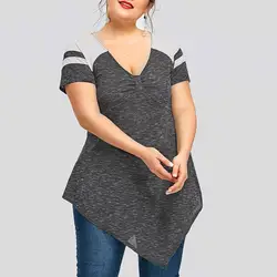 2019 Большие размеры Модная женская сексуальная нерегулярная Лоскутная футболка с v-образным вырезом Женская рубашка Повседневная блуза с