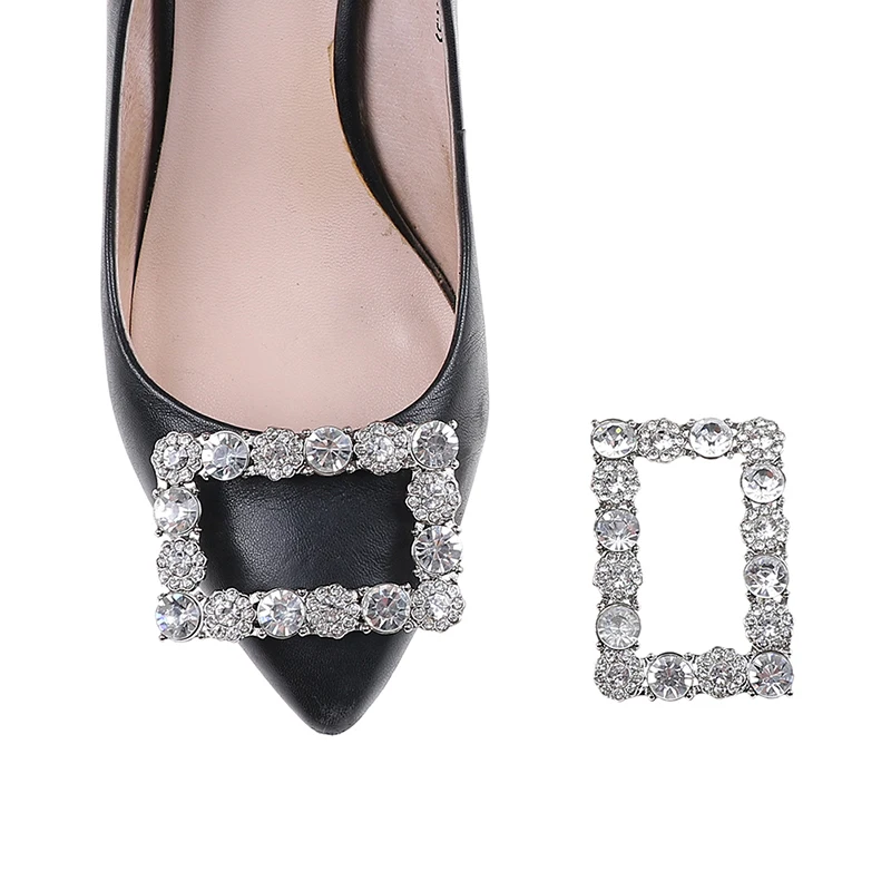 Стразы; обувь с квадратным бантом; Серебристые туфли с пряжкой; элегантные украшения для обуви; 2 стиля; модная обувь для женщин и девочек