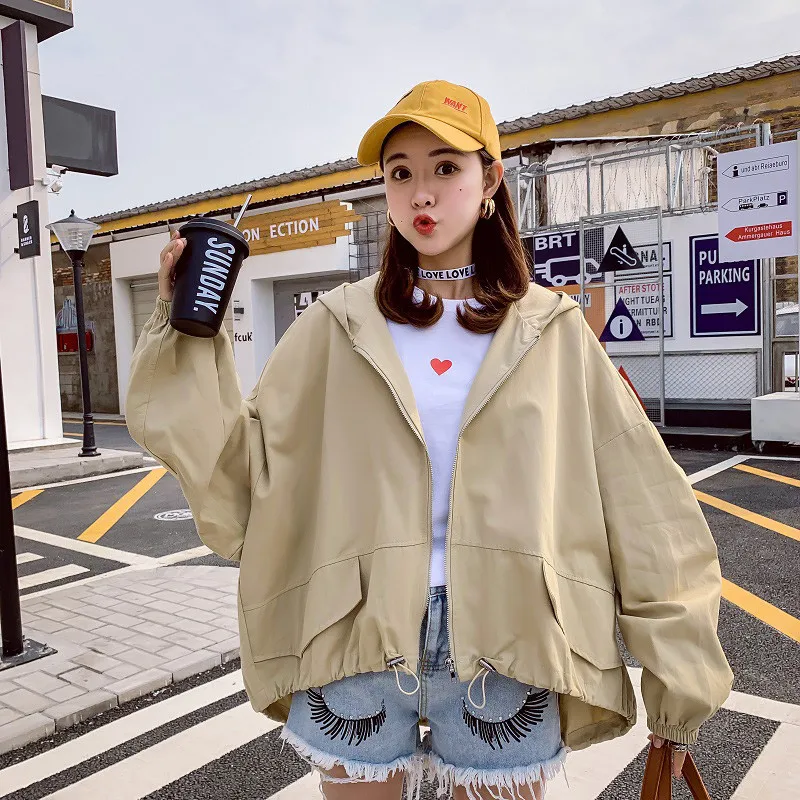 

Korean Hooded Tooling Jacket Women Batwing Sleeve Student Thin Coats Spring Autumn Harajuku Oversized Solid Color Basic Outwear