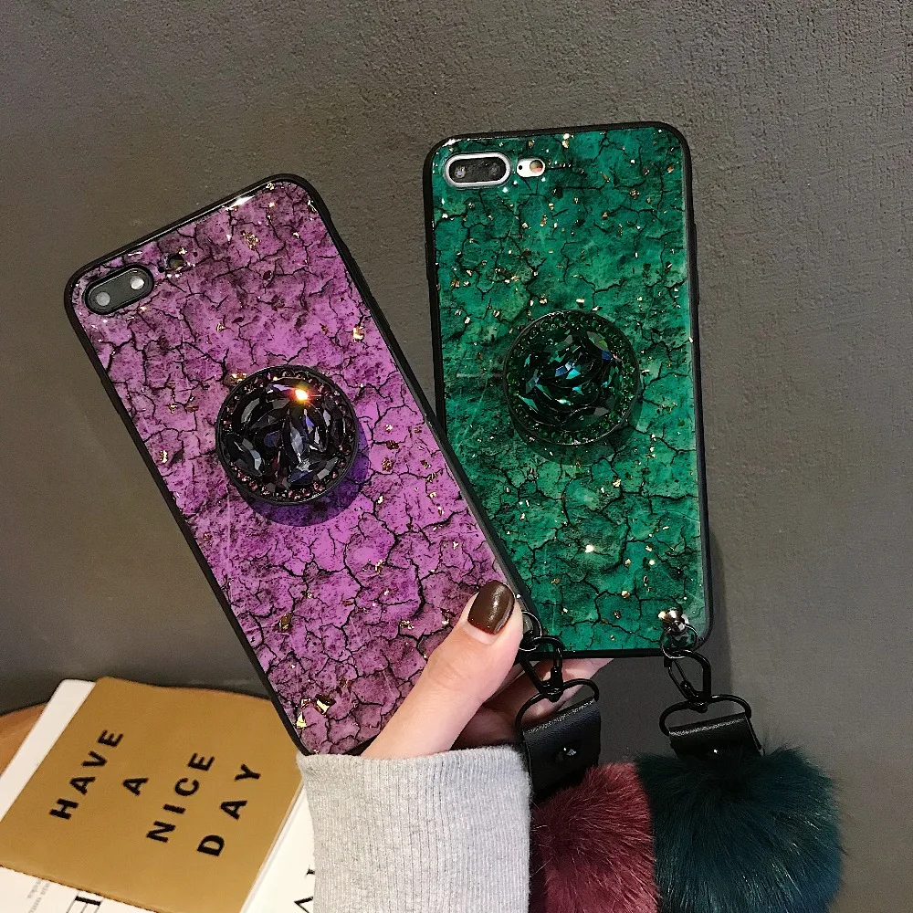 

Gold Foil Marble Pattern Phone Case for Huawei P9 P10 pro Crystal Stone Airbag mate 9 10 20 Plush Hairball Hand Strap nova2s P30