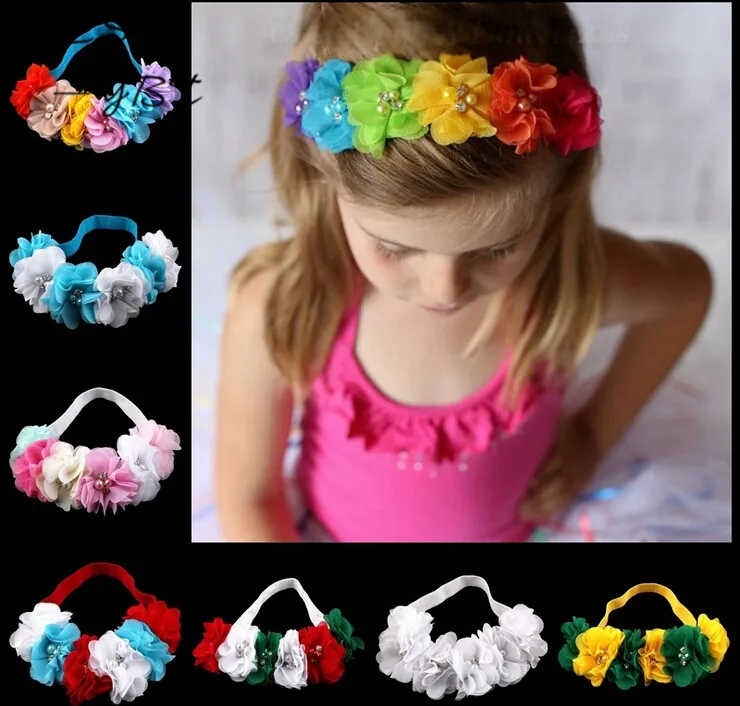 Fashion Children's Hair Accessories Rainbow Flower Headband Diamond Pearl Centered Soft Elastic