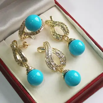 

Hot! perfect match beautiful jewelry 18KGP + 12mm blue shell pearl pendant, earring, , ring set AA1013