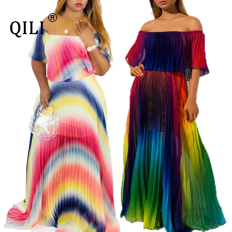 

QILI 2019 Summer Pleated Chiffon Dress Loose Long Maxi Beach Dresses Rainbow Print Plus Size Off Shoulder Dress For Womens