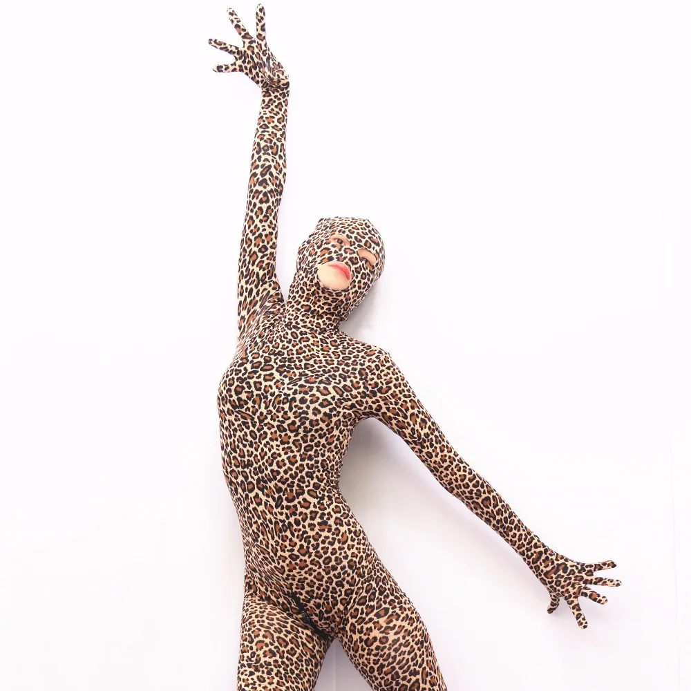 (MS011) Women sexy lycra cotton spandex wild leopard bodysuit pattern fetish catsuit/tights with open eyes/mouth