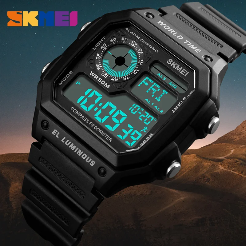 Meilleur SKMEI Carré Numérique Montre Sport Électronique Montre Hommes Calories Podomètre 50 m Montre Bracelet Étanche Digitales Relojes Hombre 2018