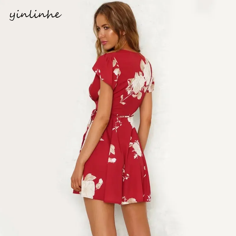 Yinlinhe 2018 обертывание/пляжные платья женское красное летнее платье с цветочным