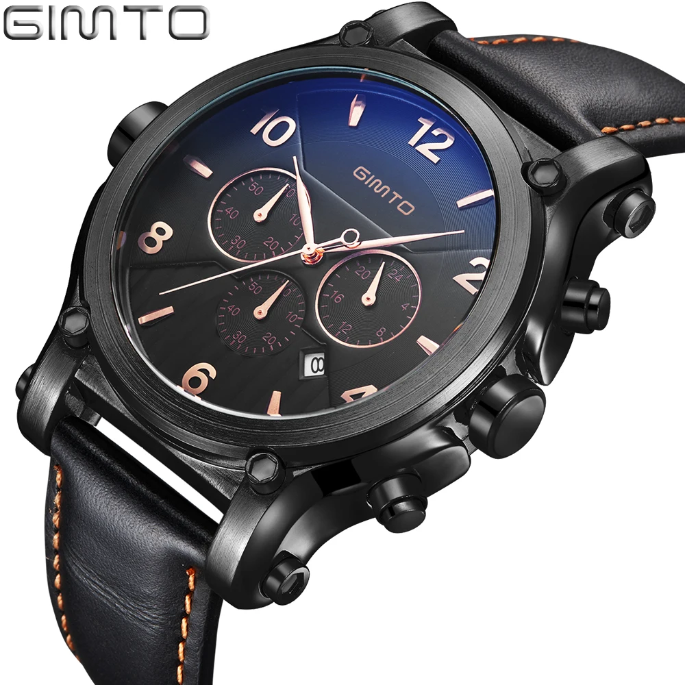 2016Top Brand GIMTO Sport Watch Men Leather Strap Carlendar Military Male Watches Analog Quartz Watch Clock