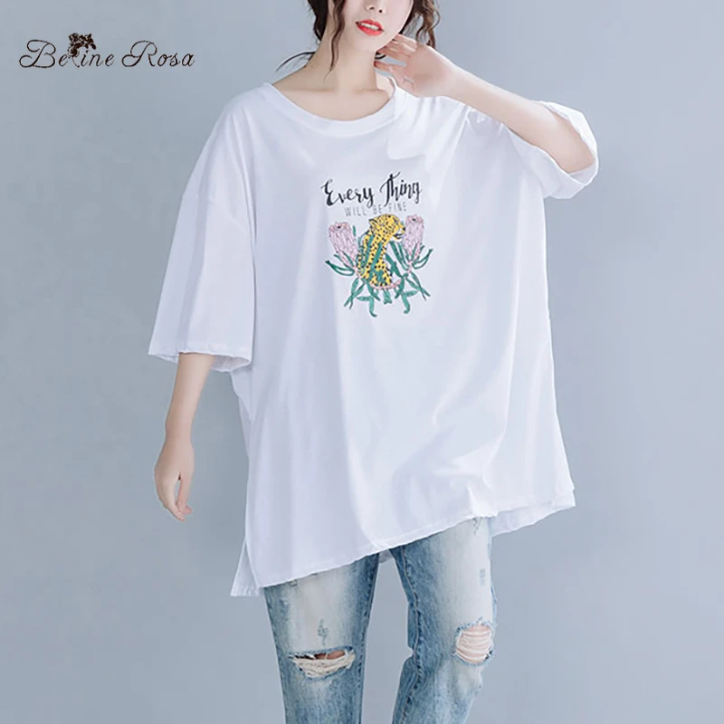 

BelineRosa 2019 Women's Cotton T-shirts Female Floral Printing Raglan Sleeve Large Size Pure Cotton Tshirt Female JJDM0088