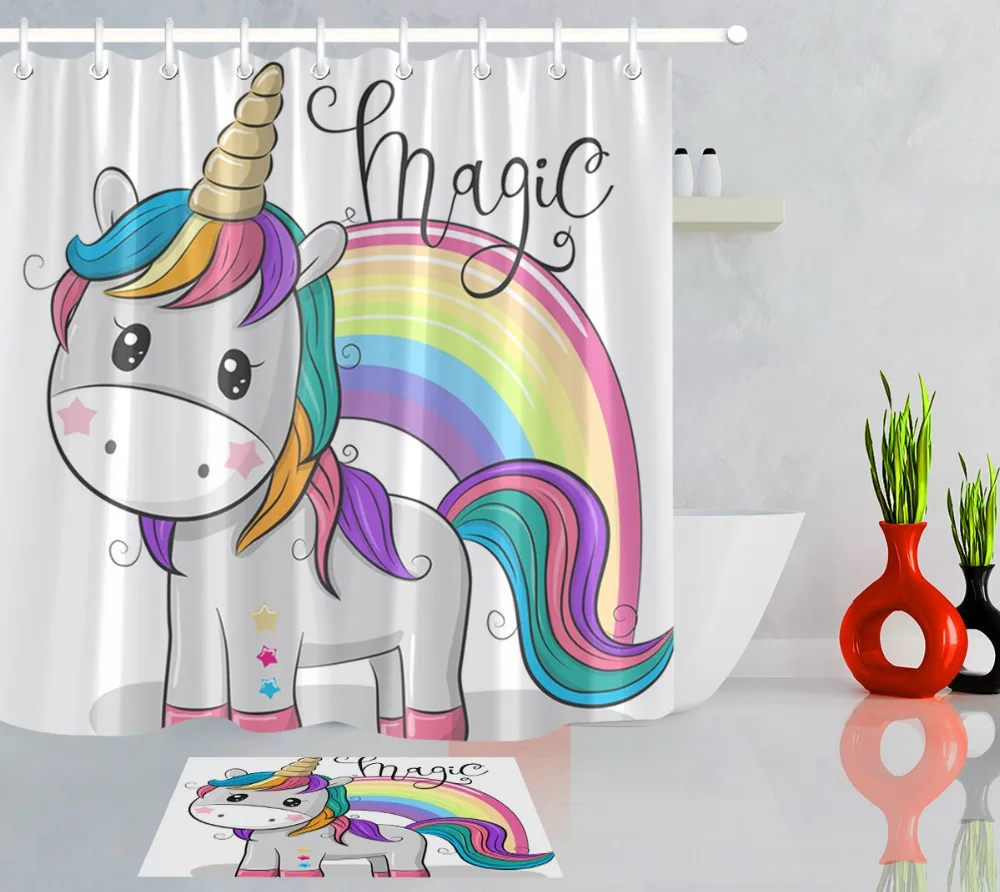 

LB Cartoon Magic Cute Unicorn & Rainbow White Shower Curtains for Girls Kids Bathroom Waterproof Polyester Fabric Bathtub Decor