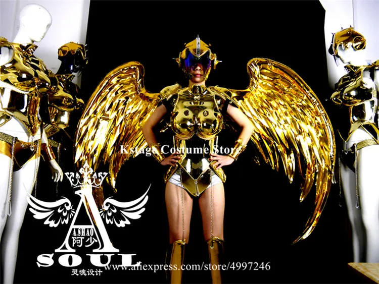 KS30 костюмы для бальных танцев со светодиодами, вечерние костюмы для выступлений на сцене, зеркальные платья для подиума, одежда с золотыми крылышками, костюм робота для диджеев - Цвет: Cloth and wings