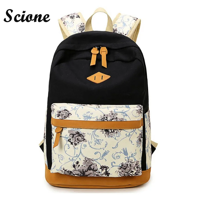 Scione Nubuck Leather Backpack Canvas School Backpacks Schoolbags for Teenage Girls Student Flower Printing Back Pack