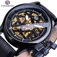 Forsining Black Golden Retro Luminous Hands Fashion Mens Mechanical Skeleton Leather Wrist Watches Top Brand Luxury Clock Montre forsining retro fashion black skeleton sport clock mechanical watch luminous hands mesh bracelet for men top brand luxury watch