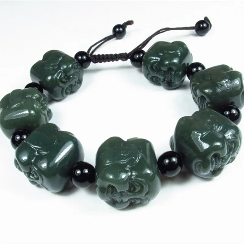 

Dark Green 100% Natural Hetian Jade Bracelet Carving Buddha Head Beads Women Men's Gift Bracelets Nephrite Qing Jades Jewelry