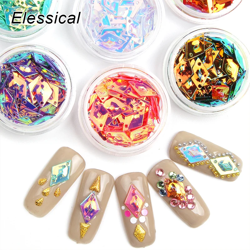 Elessical 6pcs Holographic Rhombus Nail Art Decorations Acrylic Powder