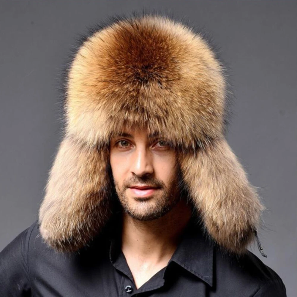 

Russian Men Lamb leather bomber Faux Raccoon Fur hat winter hats with earmuffs trapper earflap Ski Outdoor cap man black hat