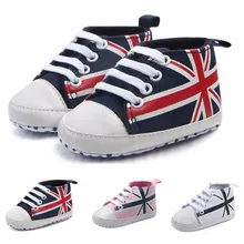 Обувь для новорожденных мальчиков и девочек; модная парусиновая обувь с принтом флага Юнион Джек; нескользящая удобная мягкая обувь; кроссовки; обувь для детей