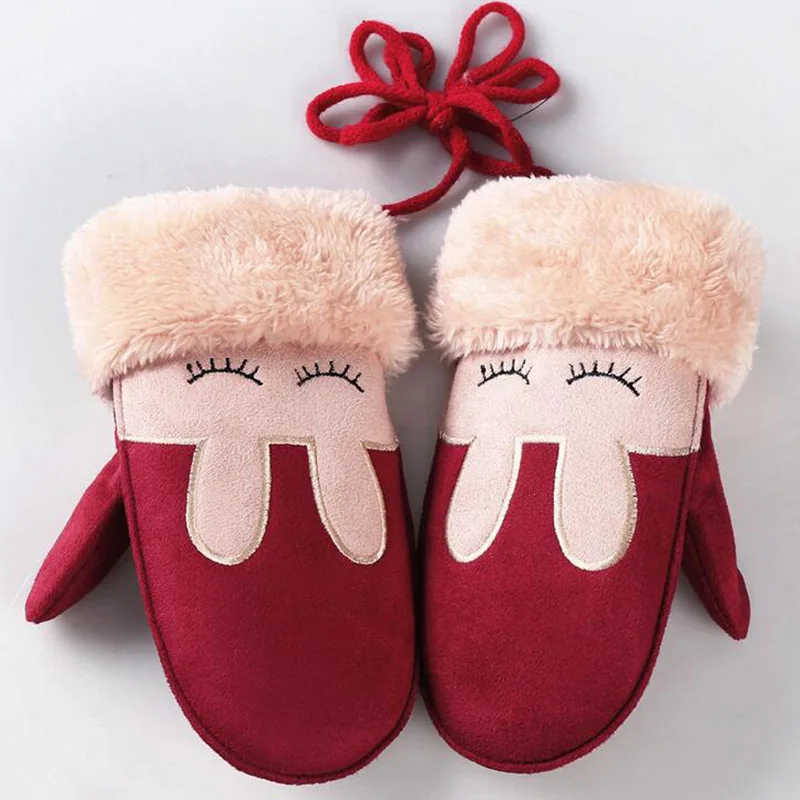 

Lovely Cartoon Rabbit Children's Winter Thick Cashmere Cotton Warm Suede Leather Mittens Boy/Girls Faux Sheepskin Gloves 100D