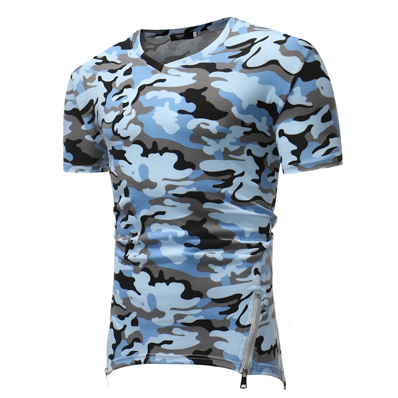 

2018 Men's new casual short sleeve T-shirt Side zipper hem design camo pattern slim V-neck Elastic fabric t-shirt men large size