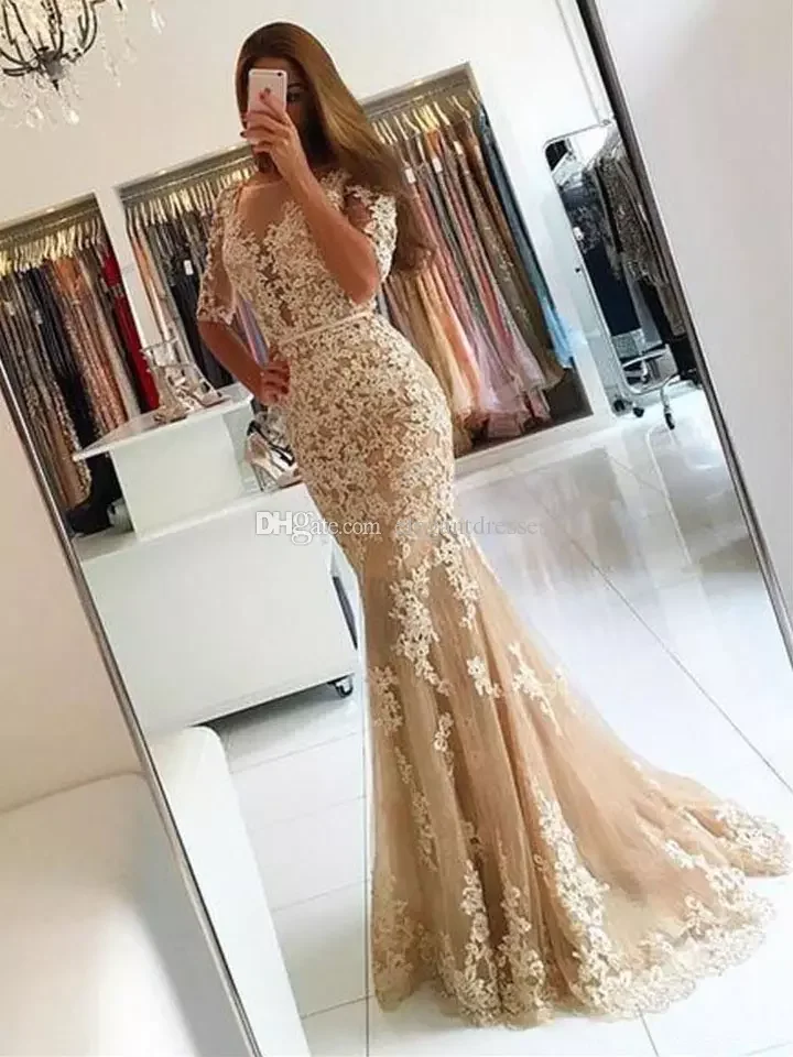 Vestido вечернее платье с коротким рукавом спинки Русалка 2018 Кружева Аппликации На Заказ Формальное вечернее платье для мамы невесты платья