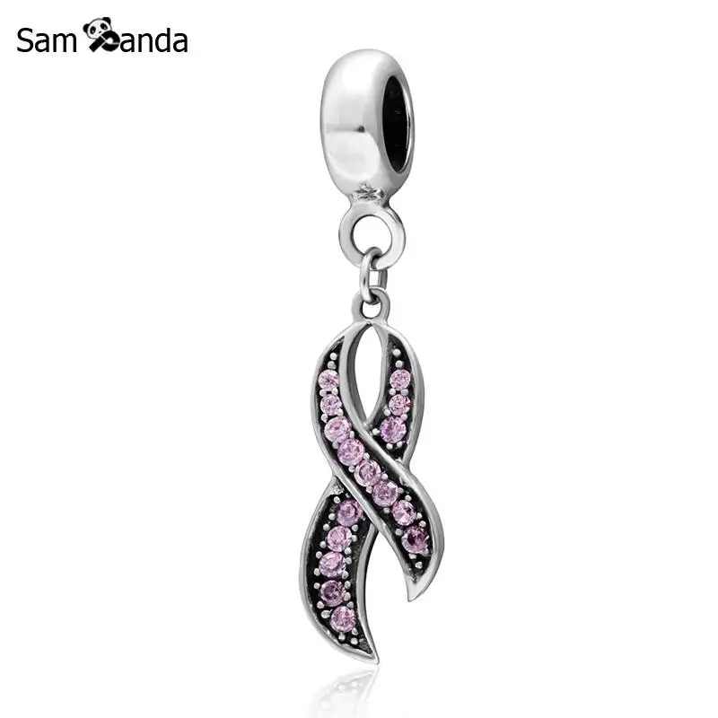 

100% 925 Sterling Silver Bead Breast Cancer Awareness Pink Ribbon Crystal Pendant Charms Fit Pandora Women Bracelet DIY Jewelry